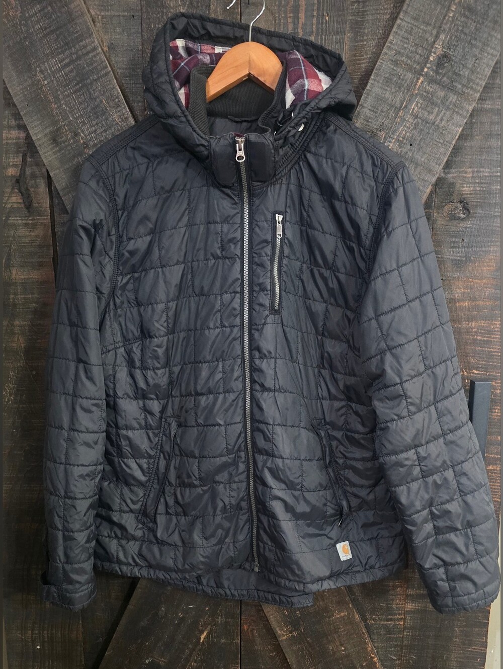 Womens Black Quilted Hooded Carhartt Jacket - Black Sz Large